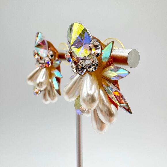 Vintage Rhinestone Earrings AB Rivoli Navettes Runway Ballroom Faux Pearls Bling - Picture 4 of 17